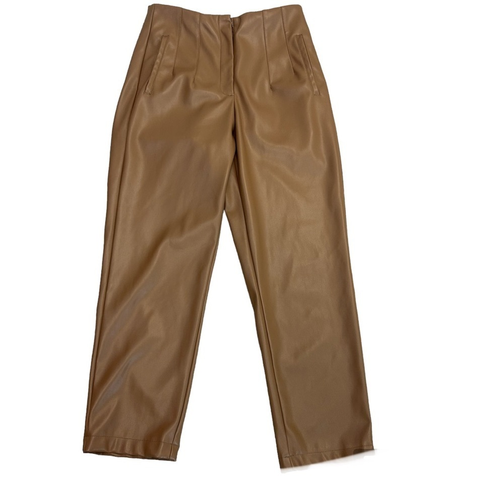 Aaron & Amber camel brown faux leather high waisted pleated pants Sz M